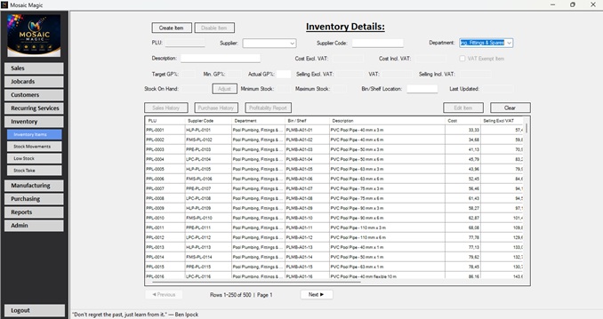 Mosaic Magic inventory management screen with stock list and item details