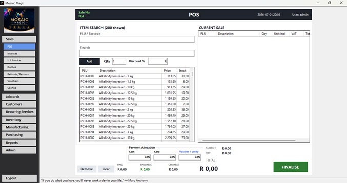 Mosaic Magic point-of-sale screen with item search and current sale
