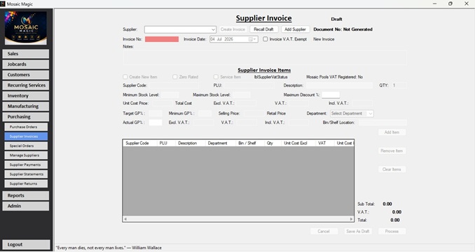 Mosaic Magic supplier invoice screen with purchase item entry