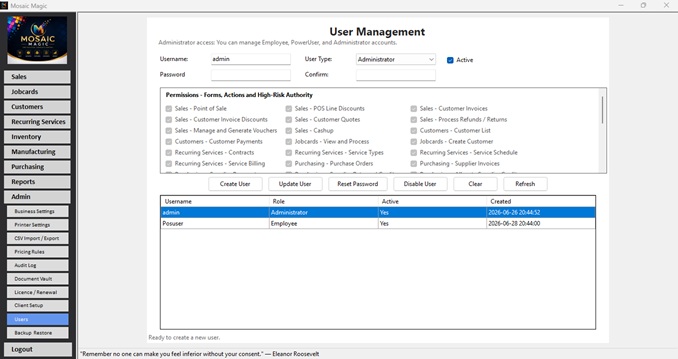 Mosaic Magic user management screen with roles and permissions
